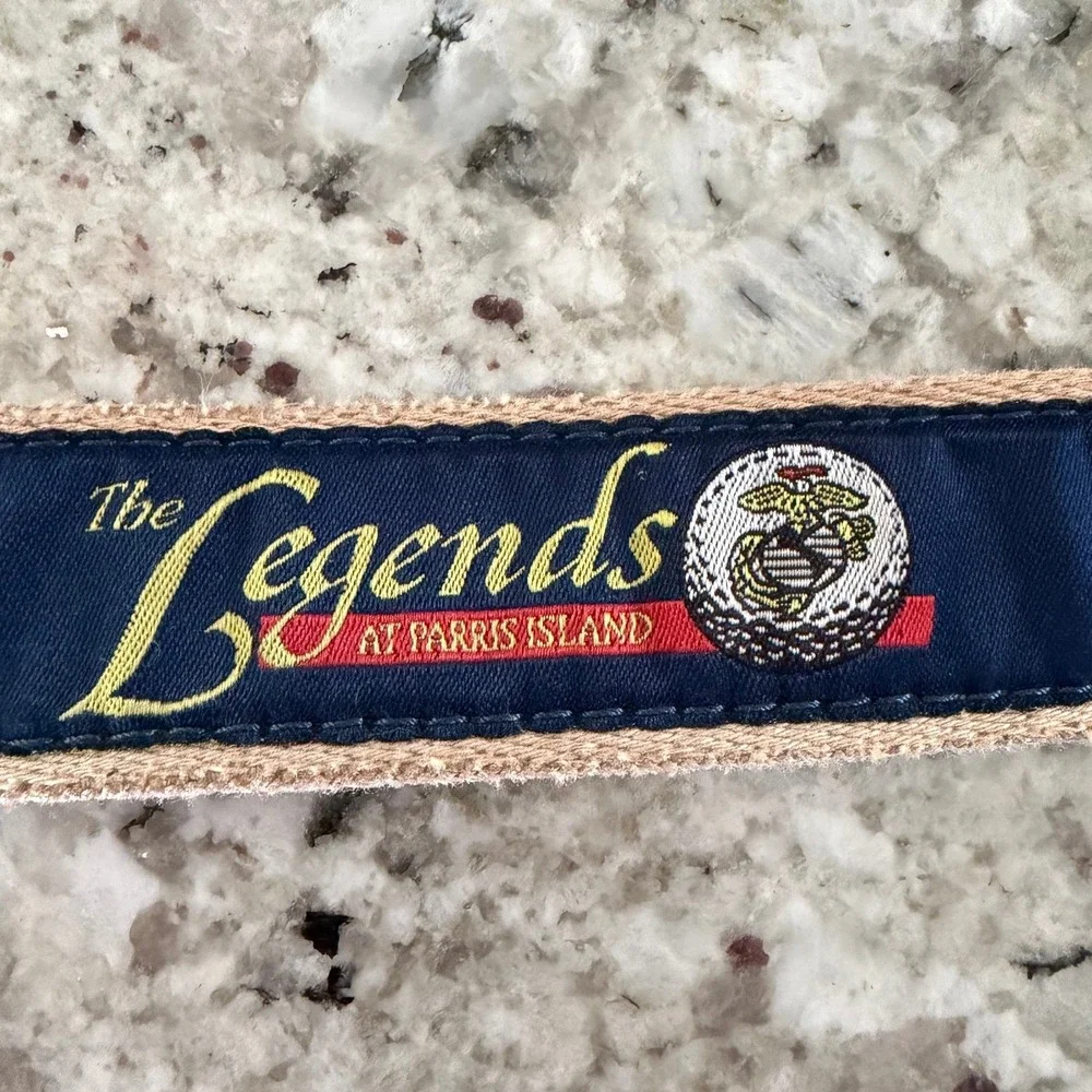 YRI Designs The Legends at Parris Island Golf Belt USMC Navy Tan Leather Size 36